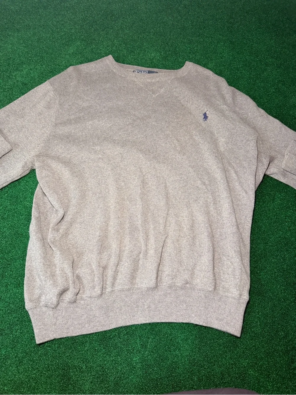 Ralph Lauren Men's Crewneck Sweater in Light Taupe with Navy Pony